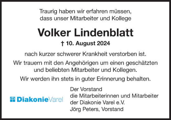 Traueranzeige von Volker Lindenblatt von Nordwest-Zeitung