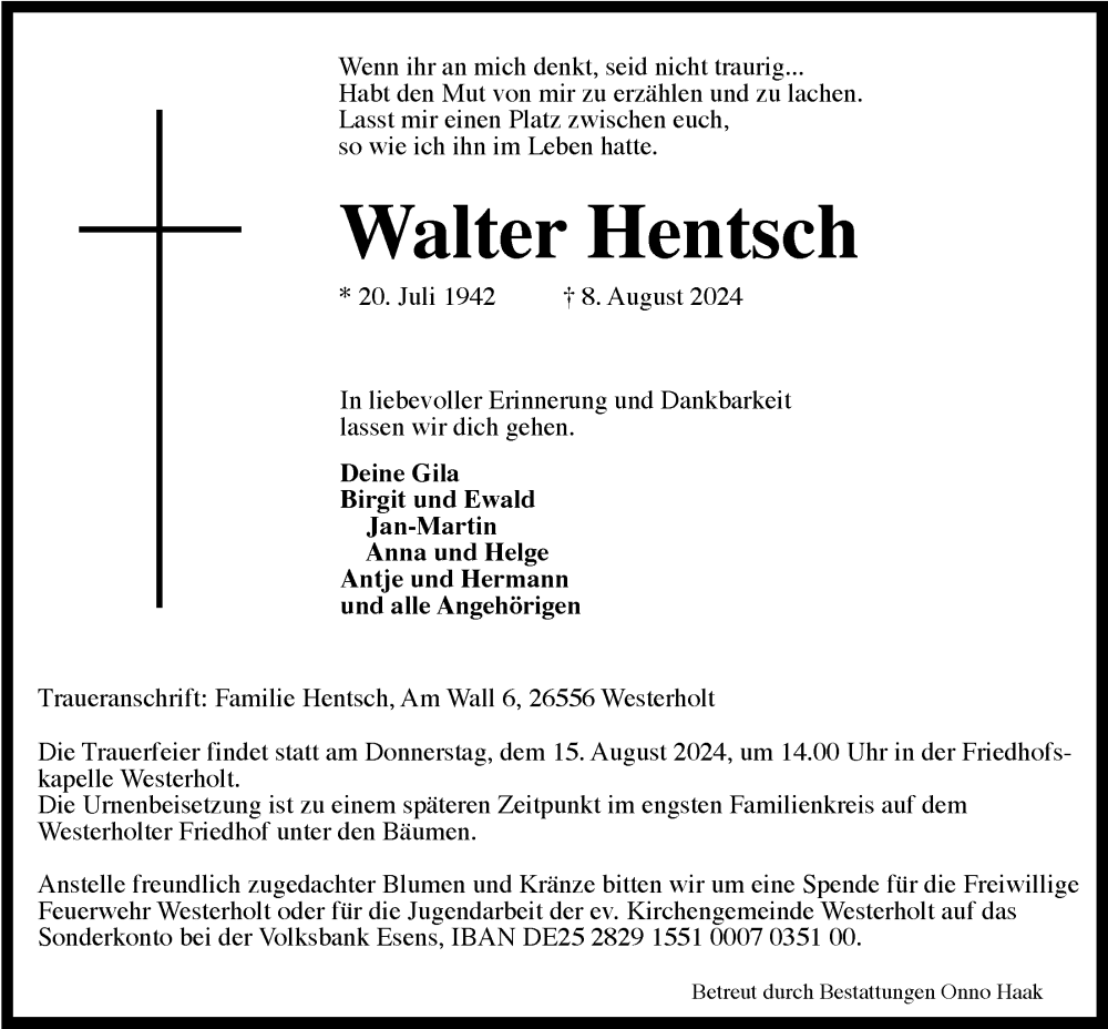  Traueranzeige für Walter Hentsch vom 13.08.2024 aus WZ/JW/AH