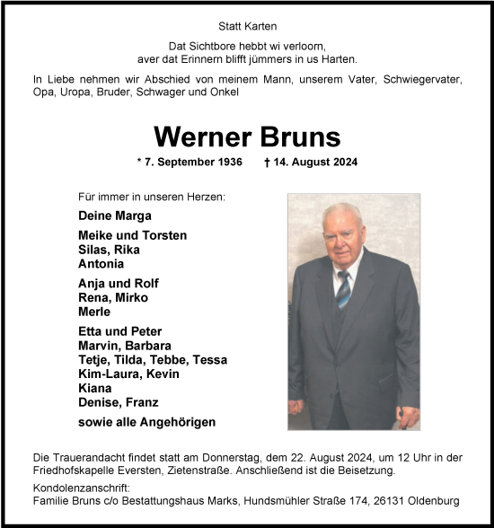 Traueranzeige von Werner Bruns von Nordwest-Zeitung