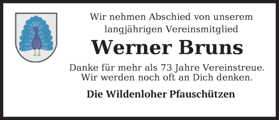 Traueranzeige von Werner Bruns von Nordwest-Zeitung