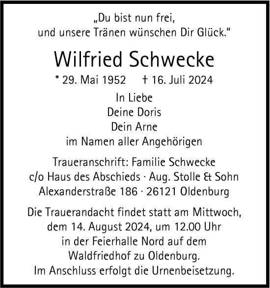 Traueranzeige von Wilfried Schwecke von Nordwest-Zeitung