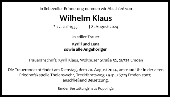 Traueranzeige von Wilhelm Klaus von Emder Zeitung