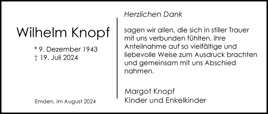 Traueranzeige von Wilhelm Knopf von Emder Zeitung