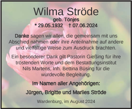 Traueranzeige von Wilma Ströde von Nordwest-Zeitung