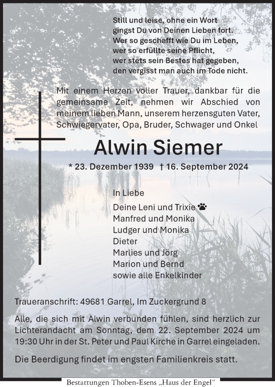 Traueranzeige von Alwin Siemer von Nordwest-Zeitung