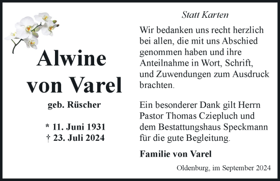 Traueranzeige von Alwine von Varel von Nordwest-Zeitung