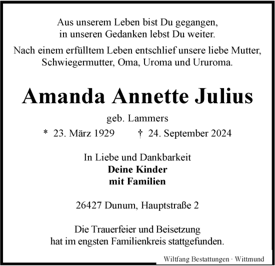 Traueranzeige von Amanda Annette Julius von WZ/JW/AH