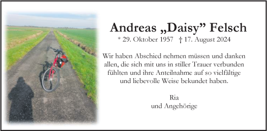 Traueranzeige von Andreas Felsch von Nordwest-Zeitung