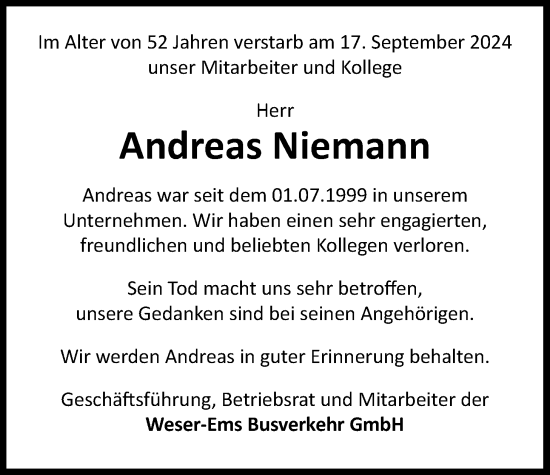 Traueranzeige von Andreas Niemann von Nordwest-Zeitung