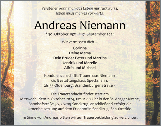 Traueranzeige von Andreas Niemann von Nordwest-Zeitung
