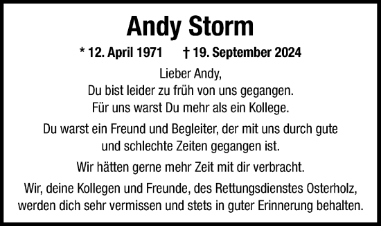 Traueranzeige von Andy Storm von Nordwest-Zeitung