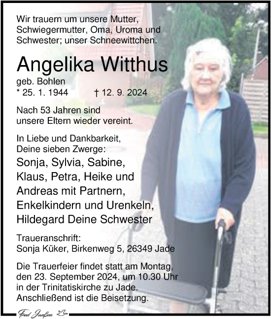 Traueranzeige von Angelika Witthus von Nordwest-Zeitung