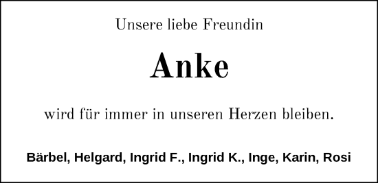 Traueranzeige von Anke Meinen von Nordwest-Zeitung