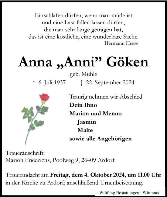 Traueranzeige von Anna Göken von WZ/JW/AH