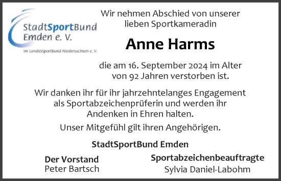 Traueranzeige von Anne Harms von Emder Zeitung