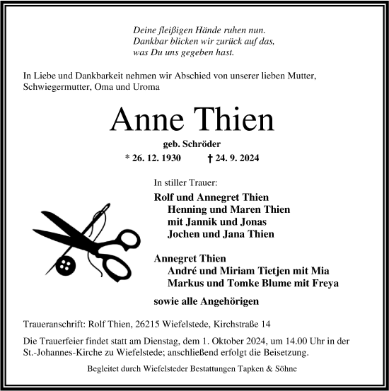 Traueranzeige von Anne Thien von Nordwest-Zeitung