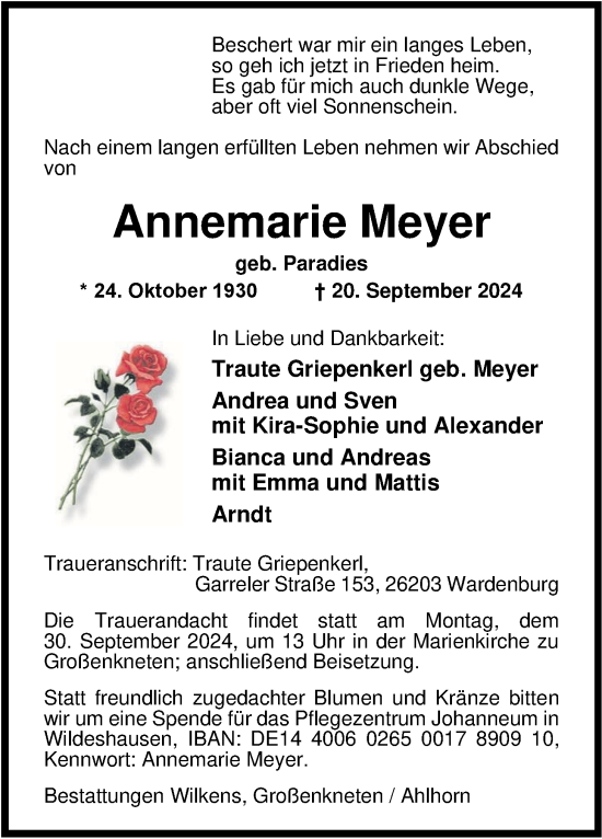 Traueranzeige von Annemarie Meyer von Nordwest-Zeitung