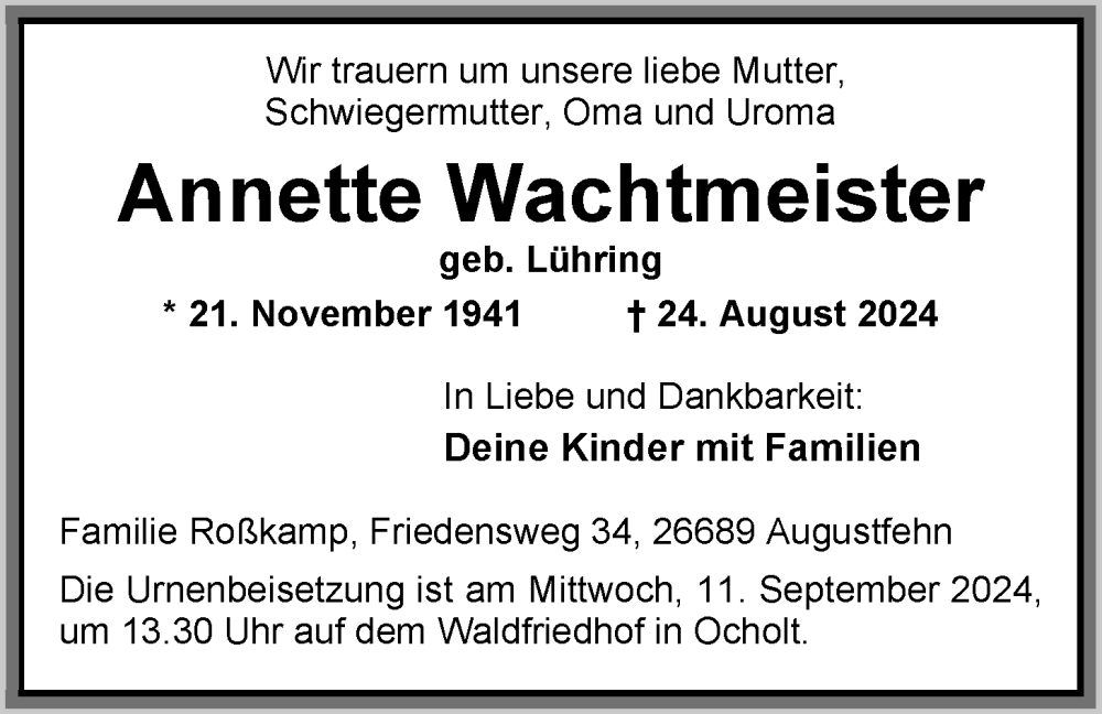  Traueranzeige für Annette Wachtmeister vom 06.09.2024 aus Nordwest-Zeitung