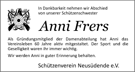 Traueranzeige von Anni Frers von Nordwest-Zeitung