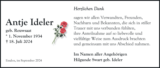 Traueranzeige von Antje Ideler von Emder Zeitung