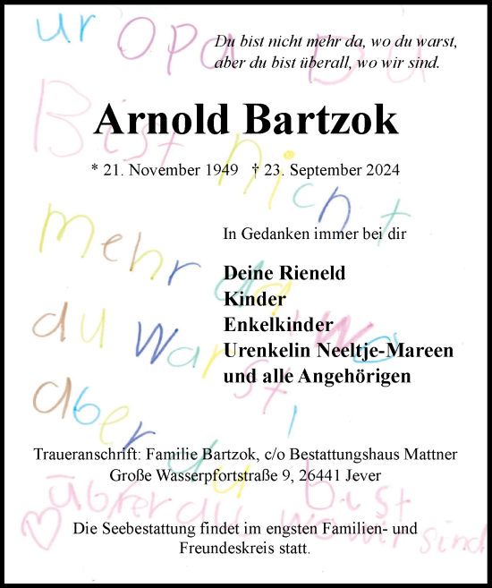 Traueranzeige von Arnold Bartzok von WZ/JW/AH