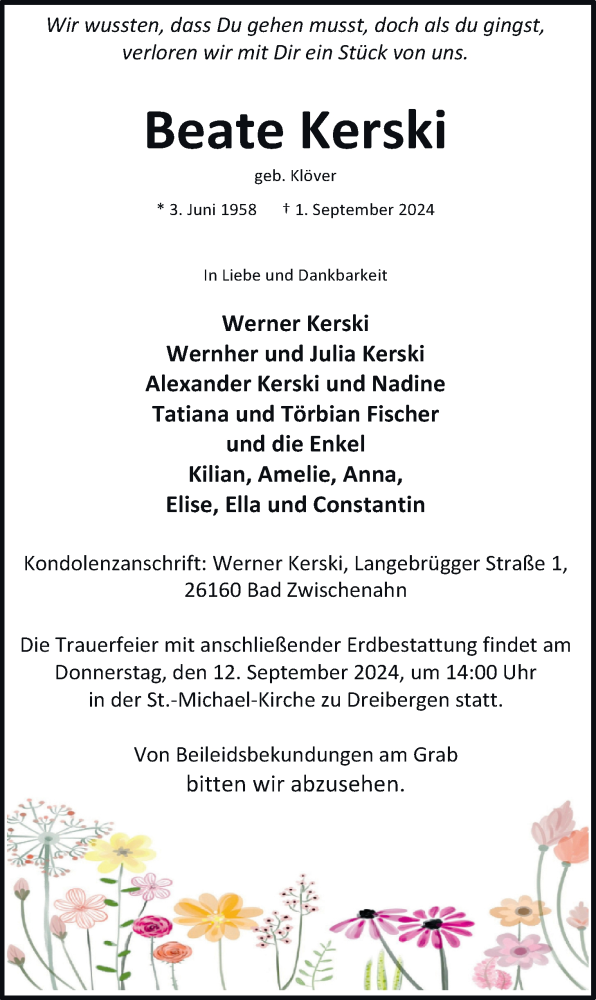  Traueranzeige für Beate Kerski vom 07.09.2024 aus Nordwest-Zeitung