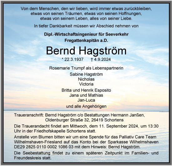 Traueranzeige von Bernd Hagström von WZ/JW/AH