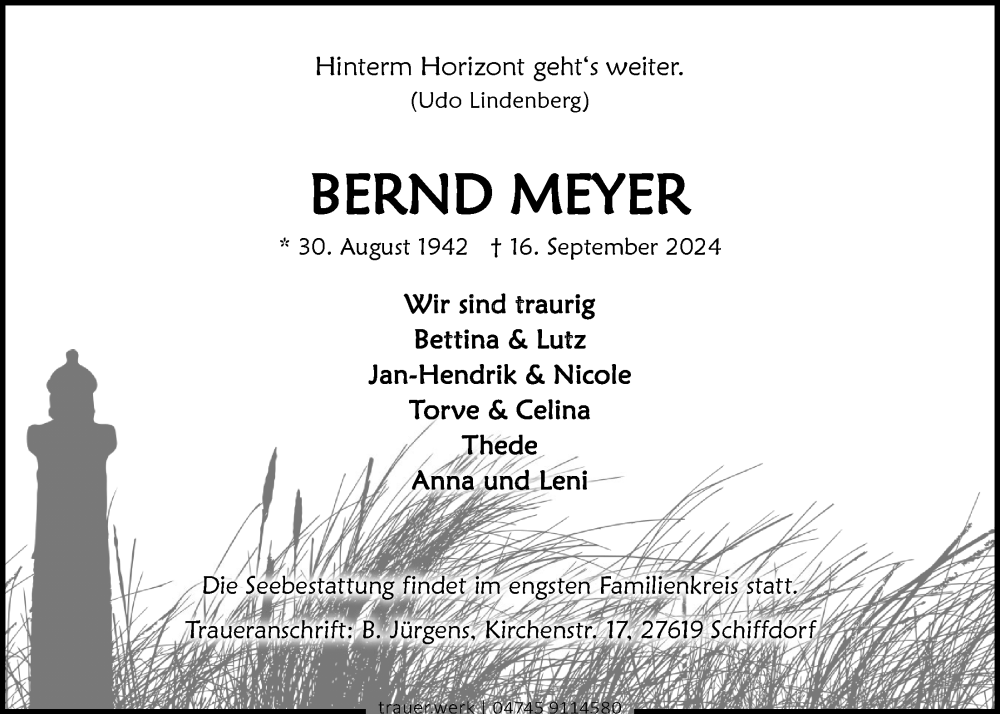  Traueranzeige für Bernd Meyer vom 28.09.2024 aus Nordwest-Zeitung
