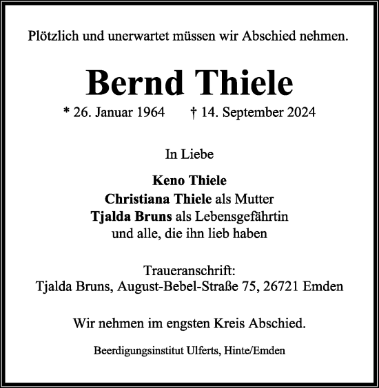 Traueranzeige von Bernd Thiele von Emder Zeitung