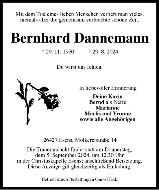 Traueranzeige von Bernhard Dannemann von WZ/JW/AH