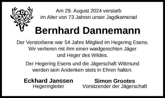 Traueranzeige von Bernhard Dannemann von WZ/JW/AH