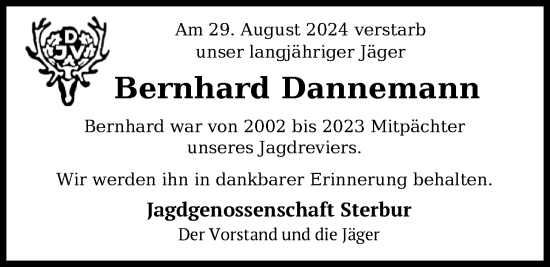 Traueranzeige von Bernhard Dannemann von WZ/JW/AH