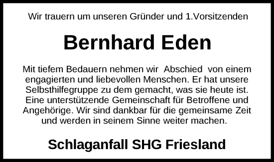 Traueranzeige von Bernhard Eden von WZ/JW/AH