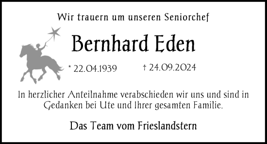 Traueranzeige von Bernhard Eden von WZ/JW/AH