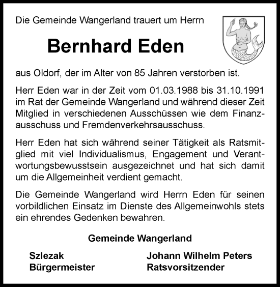 Traueranzeige von Bernhard Eden von WZ/JW/AH