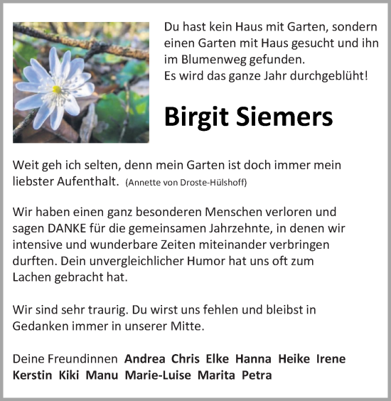 Traueranzeige von Birgit Siemers von Nordwest-Zeitung