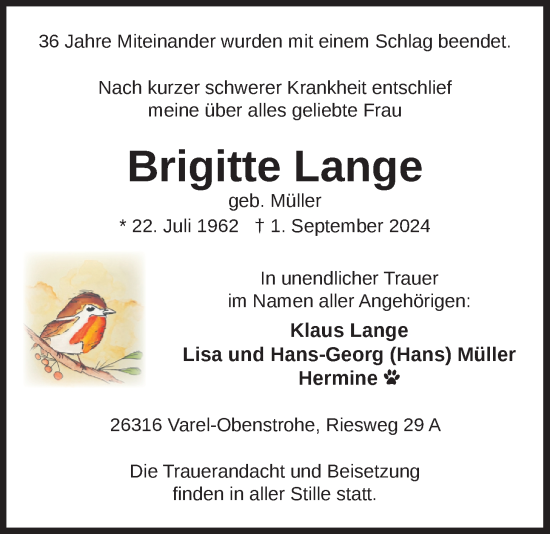 Traueranzeige von Brigitte Lange von Nordwest-Zeitung