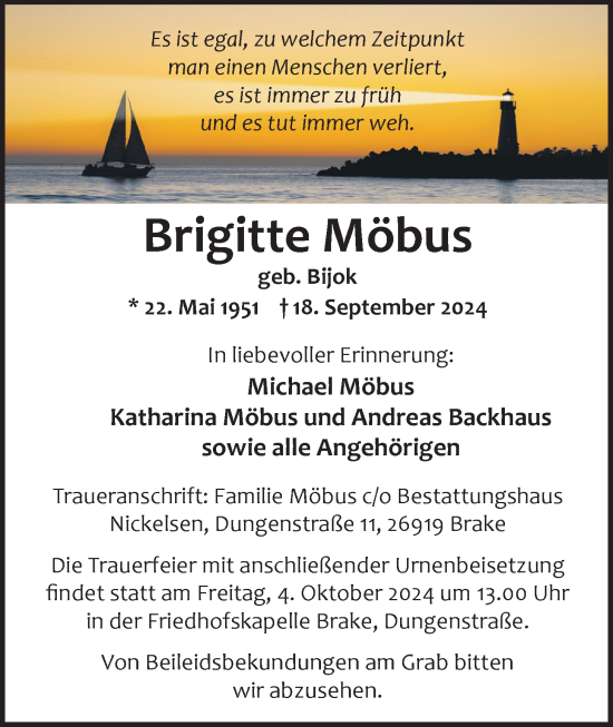 Traueranzeige von Brigitte Möbus von Nordwest-Zeitung