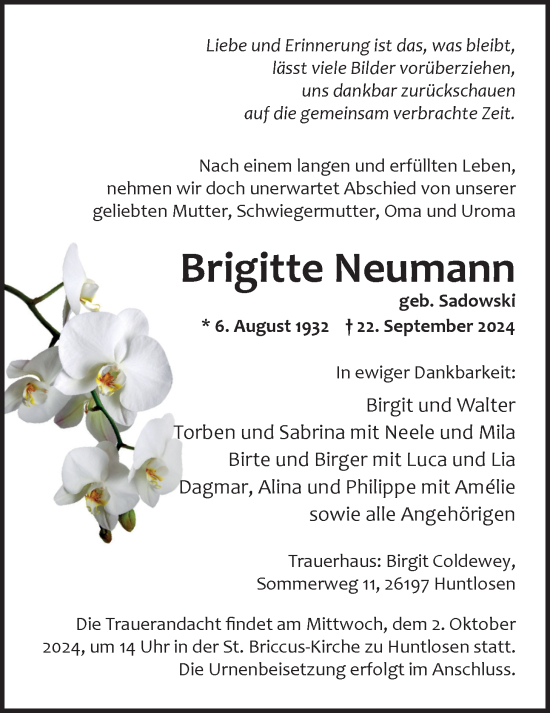 Traueranzeige von Brigitte Neuman von Nordwest-Zeitung