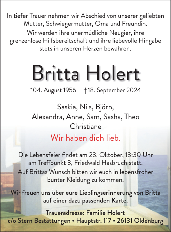 Traueranzeige von Britta Holert von Nordwest-Zeitung