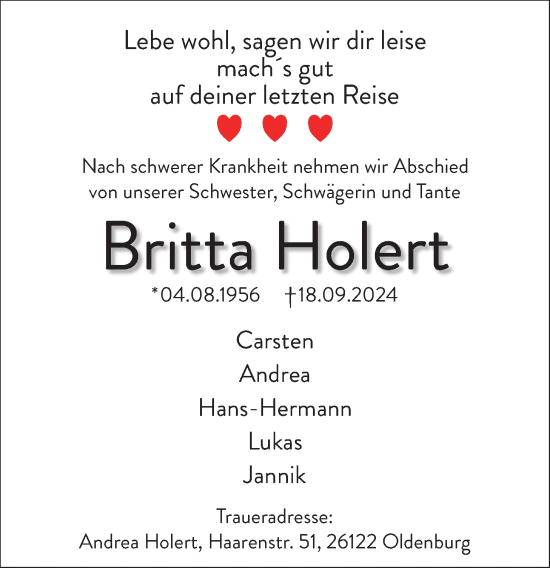 Traueranzeige von Britta Holert von Nordwest-Zeitung