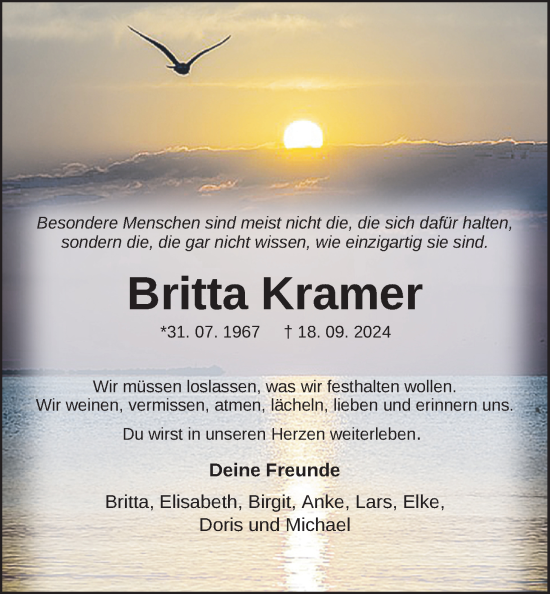 Traueranzeige von Britta Kramer von Nordwest-Zeitung