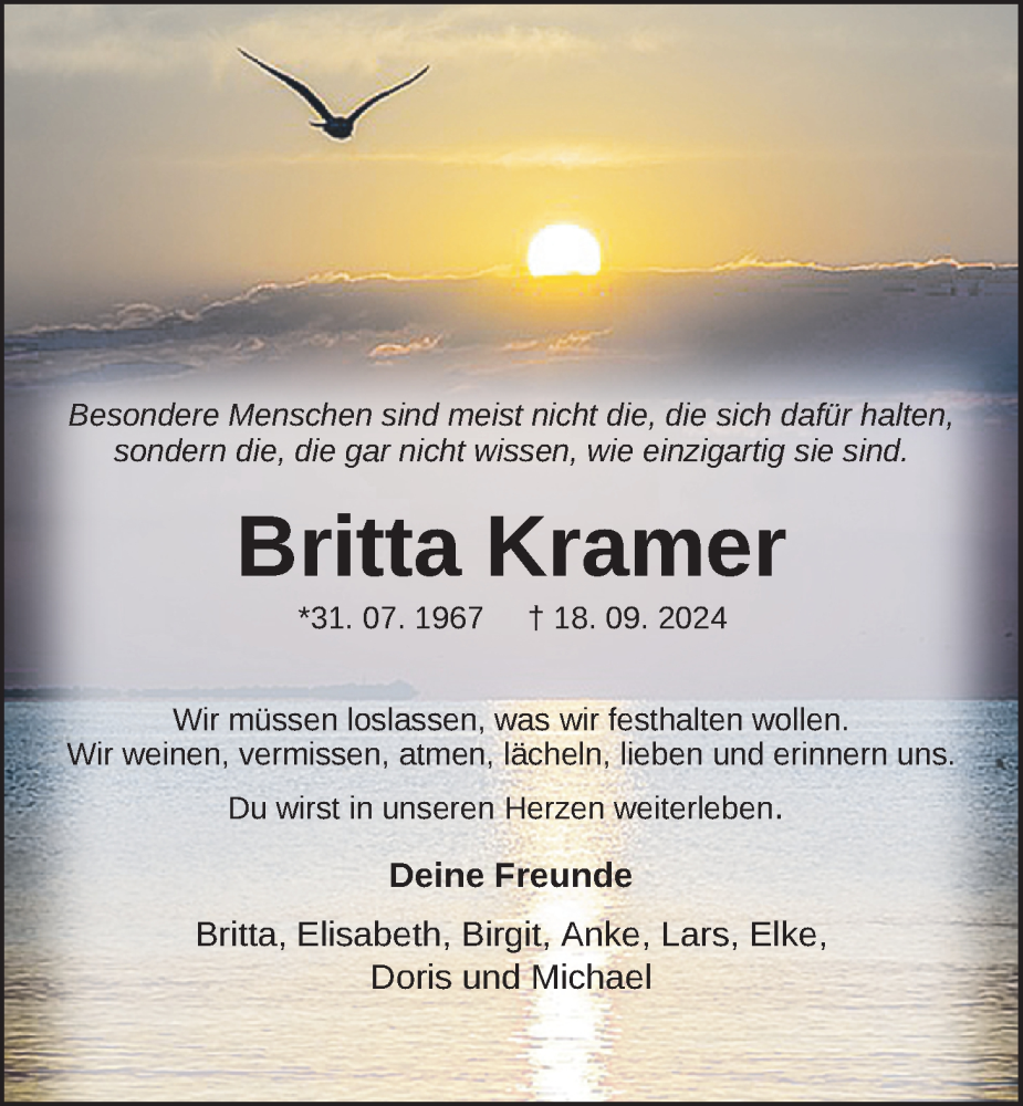  Traueranzeige für Britta Kramer vom 21.09.2024 aus Nordwest-Zeitung