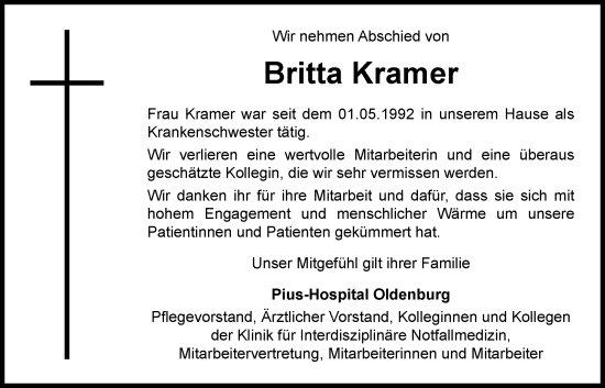 Traueranzeige von Britta Kramer von Nordwest-Zeitung