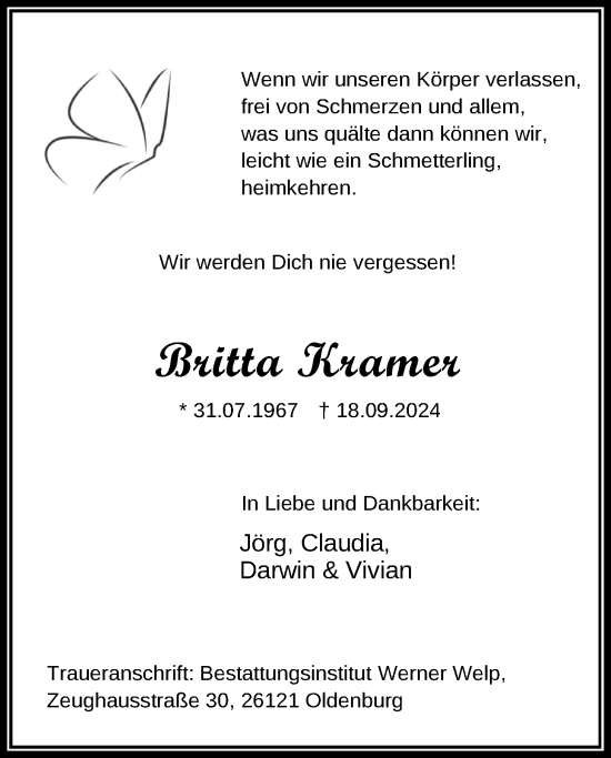 Traueranzeige von Britta Kramer von Nordwest-Zeitung