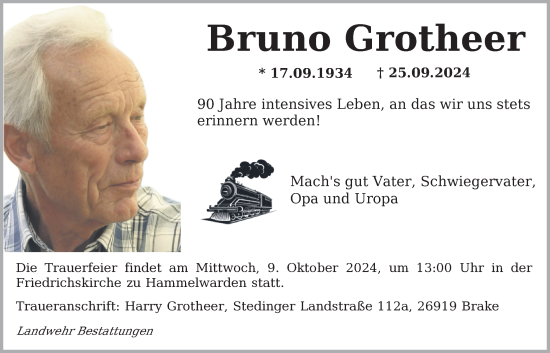 Traueranzeige von Bruno Grotheer von Nordwest-Zeitung