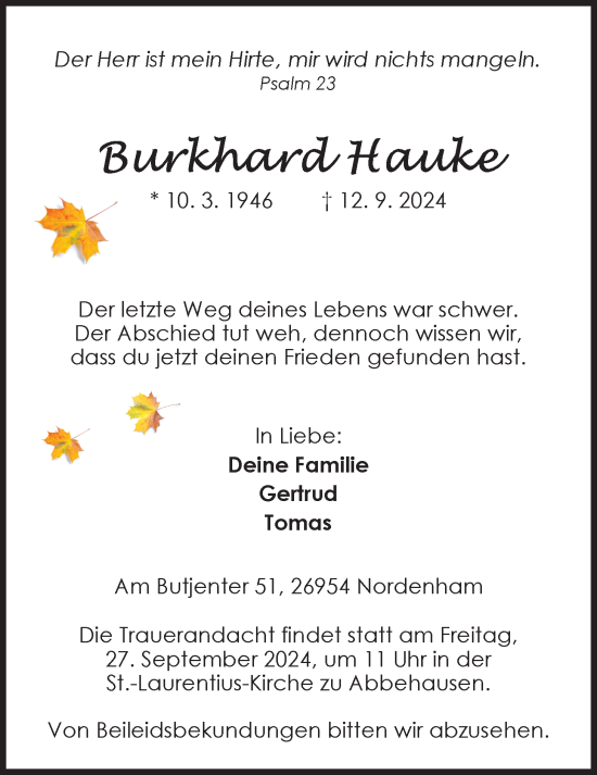 Traueranzeige von Burkhard Hauke von Nordwest-Zeitung