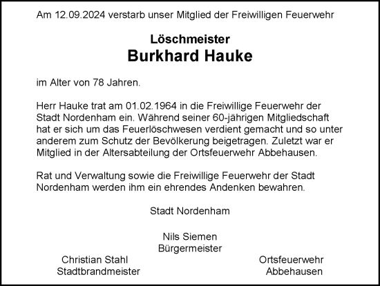 Traueranzeige von Burkhard Hauke von Nordwest-Zeitung