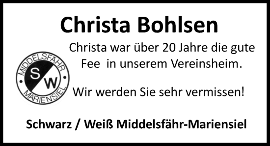Traueranzeige von Christa Bohlsen von WZ/JW/AH