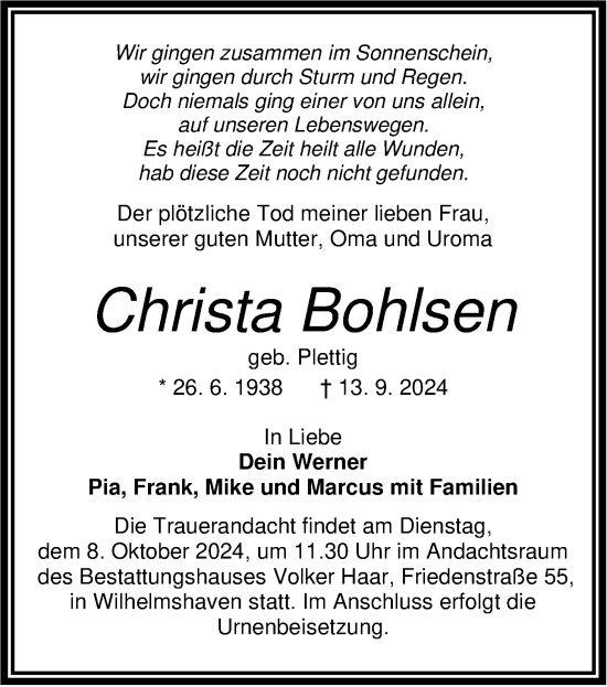 Traueranzeige von Christa Bohlsen von WZ/JW/AH